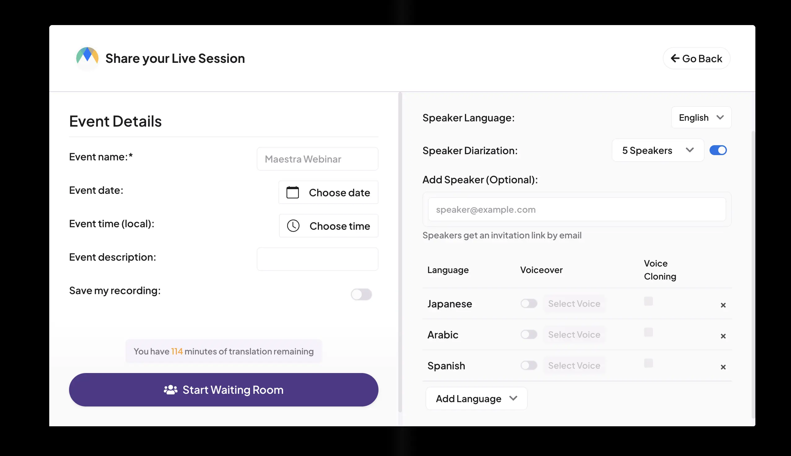 How to set up and share multilingual live sessions with Maestra's real-time translator.